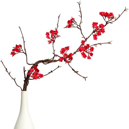 Blossom di ciliegia artificiale, rami fioriti di ciliegio, fiori di seta artificiali con gambi a rami lunghi, perfetti per la decorazione per feste di matrimonio in casa, rosso, rossa