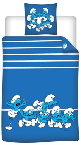 Schlümpfe Bettwäsche Kinder 140x200+65x65 – Kreise Weiß/Blau – Polycoton | Wendebettwäsche | Großer Schlumpf Schlumpfine & Schlümpfe | Kreise Weiß/Blau | Polycoton Oeko-Tex | Peyo Lizenz