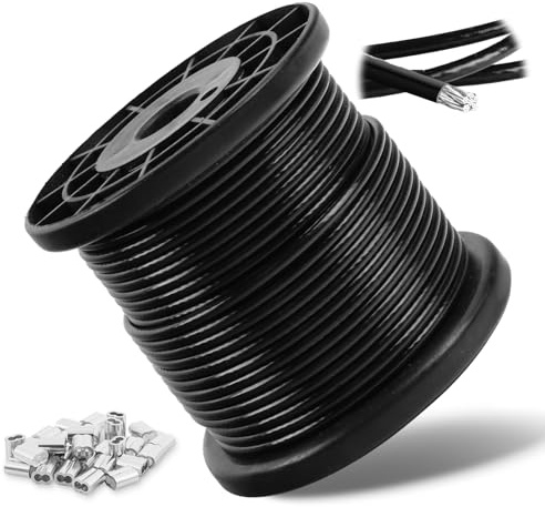 30M Cavo Acciaio Inox 304, 3mm Fune in Filo Acciaio Rivestito PVC Nero, Nucleo 7x7, per Piante Rampicanti, Recinzioni, Luci e Lampade, Include 30 Manicotti in Alluminio