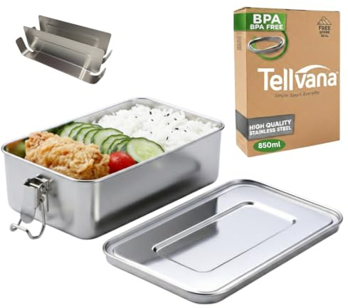 Tellvana 850ml Stainless Steel Bento Lunch Box - Compact 2 Compartment Metal Food Container for Adults & Kids - Leakproof, Eco-Friendly, BPA-Free, Dishwasher Safe, Plastic-Free & Office Meal Prep