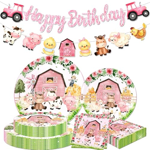 JeVenis Farm Animals Party Disposable Plates Napkins with Farmhouse Banner | Farmhouse Birthday Banner Supplies for Birthday Farmhouse Fun Barnyard Animals Party Favors for 10 Guests