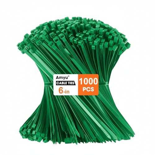 Amyu 1000 Pack Cable Ties Green 6 inches - 40lbs Self-Locking Nylon Zip Ties, 15cm / 150mm Small Nylon Plastics Tie Wraps UV-Resistant for Indoor Outdoor Use in Home, Office, Garden, Workshop