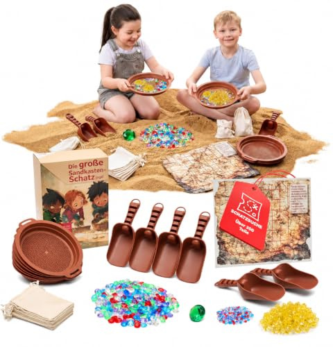DIAGO Schatzsuche Kindergeburtstag - Outdoor Spiele Set für Kinder mit Edelsteinen, Schatzkarte und Sandkasten Spielzeug - Schnitzeljagd ab 3 Jahren