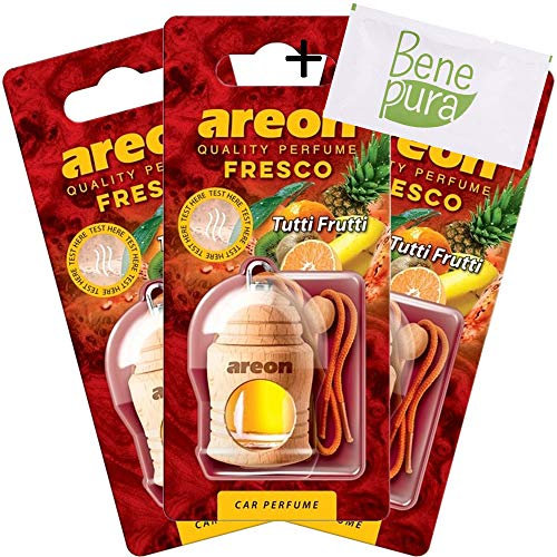 AREON Auto-Lufterfrischer Parfüm Fresco 4 ml - Tutti Frutti-duft - Hängende Flasche Diffusor mit Echtholzdeckel, langlebig, Set von 3