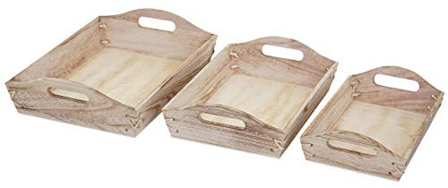 3er Set Tablett HWC-C50, Serviertablett Holztablett Frühstückstablett Dekotablett, Shabby-Look Vintage - naturbraun