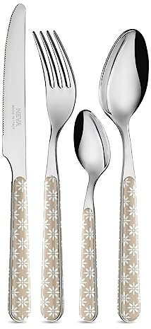 NEVA | BISTROT Vintage Floreal Set 24 Posate, Set Posate in Acciaio Inox, Lavaggio in Lavastoviglie, Decorazione Indelebile, Margherite Tortora