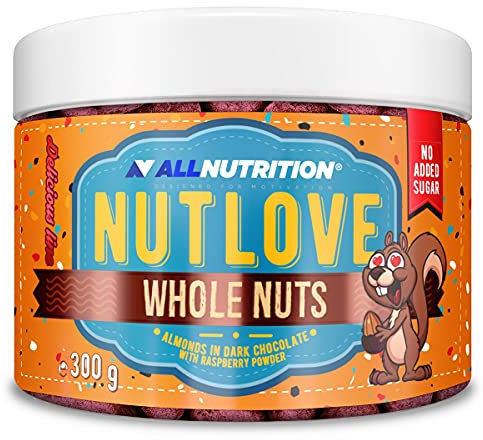 ALLNUTRITION Nutlove Whole Nuts - Almendras en Polvo de Chocolate Negro y Frambuesa - Chocolates sin Azúcar - Chocolate sin Azúcar Agregado - Dulces Bajos en Calorías - Snack Saludable - 300g