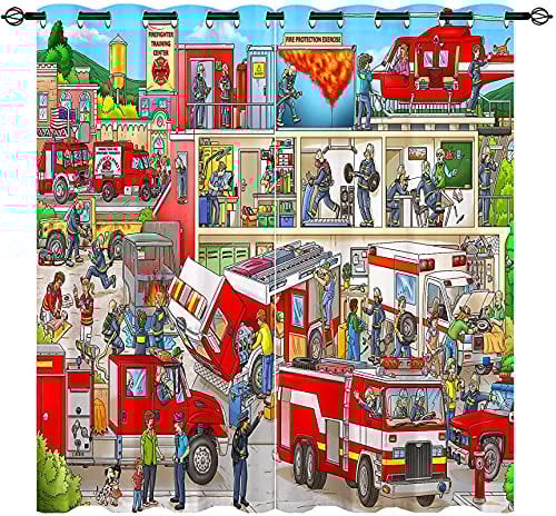 LKCD 100% Blickdichter Vorhang Mit Ösen, Cartoon Feuerwehr Feuerfest 140X160Cm 2 Stück, Verdunkelungsvorhang Verdunkelungsvorhang Mit Blickdichten Farben, Gardinen, Blickdicht Für Das Wohnzimmer