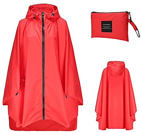 ADOSSAC Imperméable Poncho Capuche Zip Adulte Poncho Pluie Femme et Homme Cape Pluie Manteau Imperméable Capuche Cape Poncho Léger Coupe Vent Anti Pluie Voyage Vestes Anti-Pluie Rouge Taille Unique