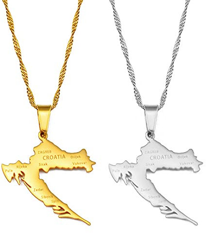 HUYUEXIN Kroatien Karte Anhänger Halskette - Country Umriss Ethnischer Stil Schmuck, Städte Namensdruck Hip-Hop Charm Dünne Wasserwellenkette, Frauen/Mädchen/Männer Unisex