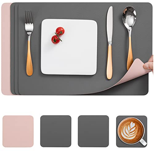 Myir JUN Tischsets Abwaschbar und Untersetzer, Leder Platzdeckchen Platzset Abwischbar Doppelseitigen, Umkehrbares ,rutschfest, Lederoptik, Grau Rosa