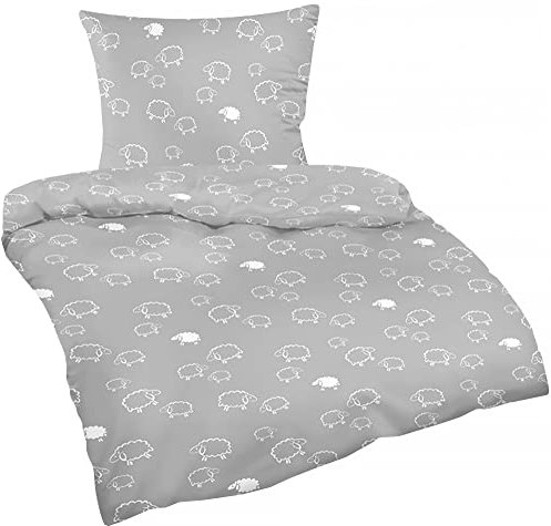 Heubergshop 2-teilige Renforce Bettwäsche 135x200cm und 80x80cm - Süße Schafe in grau und weiß - 100% Baumwolle, Bettgarnitur (99/7-Renforce)
