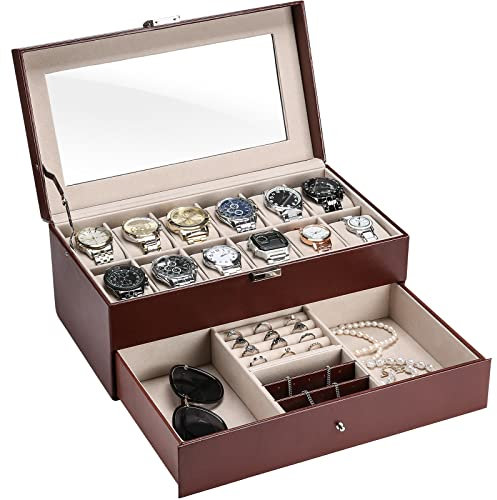 ProCase 2 Schichten Uhrenbox Schmuck Uhr Aufbewahrungsbox mit Glasdeckel, Uhrenkasten schmuckkästchen Uhrenkoffer 12 Fächer und 1 Schublade für Uhren, Ringe, Armbänder -Braun