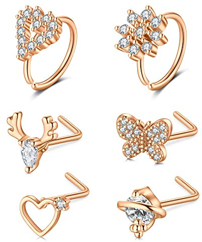 Mayhoop Anneaux de Nez Clous de Nez 20G Acier Chirurgical avec Coeur Fleur Papillon Ramure CZ Piercing pour le Nez 6Pièces pour Femmes Hommes Or Rose