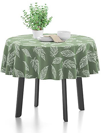 Encasa XO Printed Tablecloth 145 cm-Round for 4 Seater Dining Table of length upto Round, 100% Cotton, Machine Washable, Durable, Rectangular, for Home, Restaurant, Banquet - Big Leaves Green