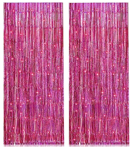 PIGETALE Lametta Vorhang Rosa Glitzer, 2 Stück 1x2.5m Metallische Glitzervorhang Geburtstag, Folien Fransen Partydeko Hintergrund für Einhorn Prinzessin Geburtstag Einschulung Schulkind Fee Party Deko