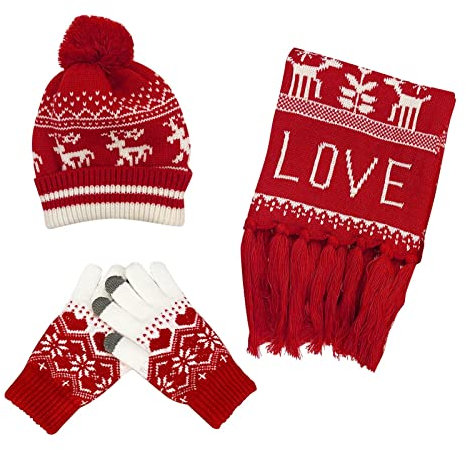 Mutze Schal Set Damen, Winter Schal Strickmütze Kombiset Strickset Beanie Handschuhe Damen Schal Mütze Handschuhe Set Gestrickt Geschenkset Touchscreen-Handschuhe