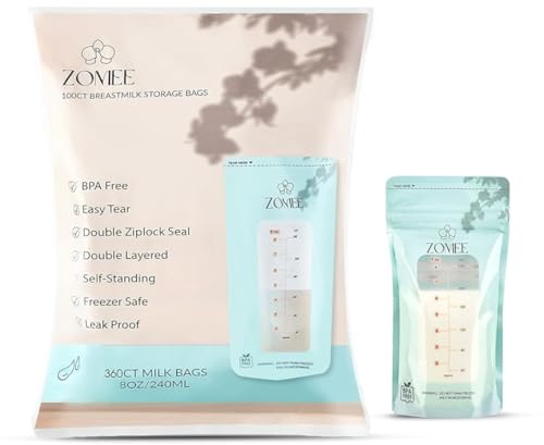 Zomee Breast Milk Storage Bags 8oz – Leakproof Double-Zip Seal, Self-Standing, Easy-Pour Design, Freezer Safe, Pre-Sterilized, BPA & Phthalate Free – Bulk Pack of 360