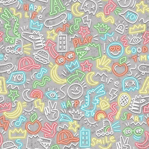 VmG-Store Jersey Stoffe Meterware zum Nähen Baumwolljersey Nähstoff Kinderstoff 140 cm breit III (Doodles Neon Grau Jb027)