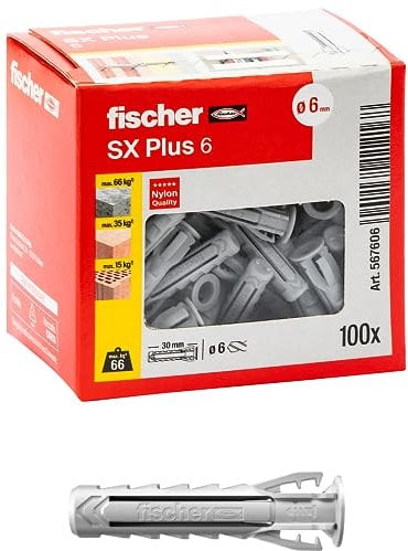 Fischer 100 Tasselli SX Plus 6x30 mm per Muro Pieno, Mattone Forato, Muratura, Calcestruzzo, per il Fissaggio di Lampadari, Mobili, Pensili, Mensole, 567606