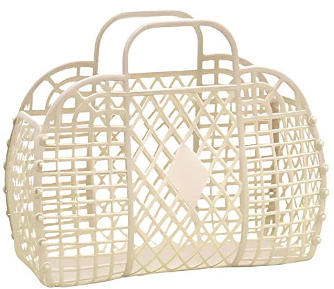 Jelly Bag für Kinder, Vintage Mädchen Jelly Geldbörse, Kunststoff Jelly-Strandtasche, Sommer Mesh Strandtasche mit Griff, Retro Strandkorb Einkaufstaschefür Urlaub, Picknick, Reisen, 24 x 21 x 9,5 cm