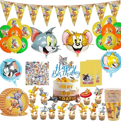 Juego de 154 piezas de vajilla de cumpleaños Tom y Jerry, de 3 años, Tom y Jerry, decoración de cumpleaños, juego de cumpleaños de Tom y Jerry, para niños, decoración de fiesta de cumpleaños