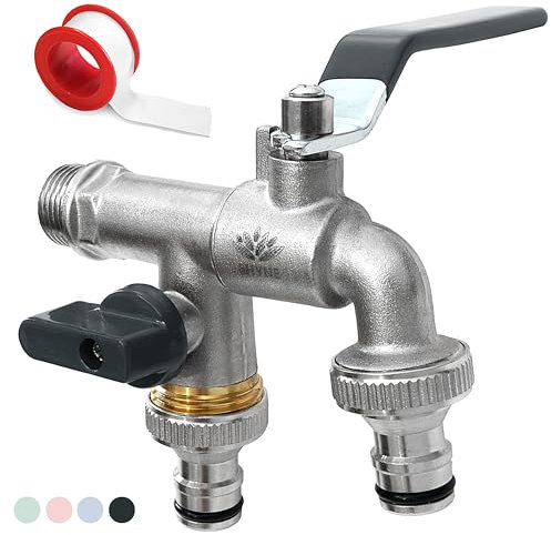 SHYNE - Doppio rubinetto in ottone antiruggine e antigelo da 3/4 pollici + 2 connettori per tubi + nastro PTFE + Ebook, adatto per giardino, lavatrici o serbatoi dell'acqua piovana