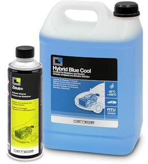ERRECOM Kit Sostituzione Liquido Radiatore Auto Ibride/Elettriche, con Zeus+ Detergente Radiatore 350 mL e Hybrid Blue Cool Liquido Radiatore Ibride/Elettriche -20°C/+106°C antigelo Pronto all’Uso 5 L