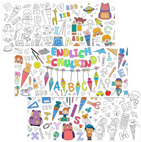Wishstar Ausmal Tischdecke Einschulung, 200cm Schulanfang Tischdecke Ausmalen, Endlich Schulkind Schultüte ABC 123 Motiven, Schulanfang Geschenke, Schulanfang Schultüte Füllung für Jungen Mädchen