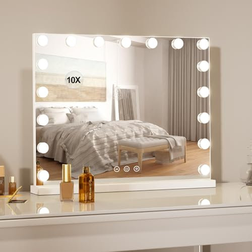 LIANWANG Schminkspiegel mit Beleuchtung, 80x60cm Spiegel mit Beleuchtung Groß mit 17 Dimmbar LED Hollywood Licht für Makeup, Spiegel mit Touch-Sensor/USB-Aufladung für Tochter/Ehefrau/Freundin