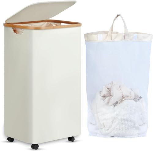 efluky Wäschekörbe mit Rollen 100L, XL Wäschekorb mit Deckel mit Herausnehmbarer und Waschbarer Innentasche, Beige Wäschekorb Extra Große aus Bambus für Waschküche, Schlafzimmer, Badezimmer