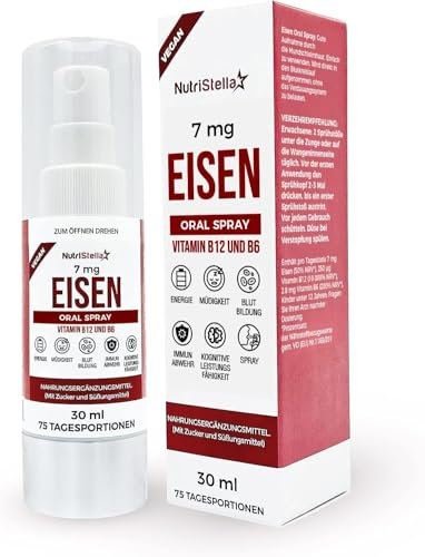 Eisen Spray - Vitamin B12 - B6 - Magenschonend - 75 wirksame Tagesportionen - Alternative zu Eisentabletten - bei Eisenmangel - Bekämpfung von Müdigkeit - Apfelgeschmack