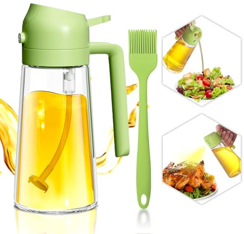 Nenkarn 2 in 1 Oil Sprayer Bottle, 470ml Olive Oil Dispenser with Silicone Brush for Air Fryer, Salad, Frying, BBQ (Green)