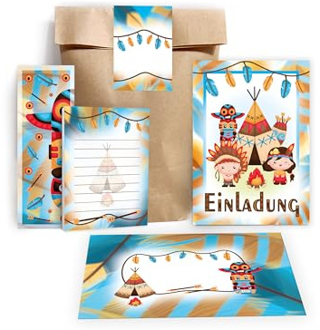 Limonia 12 Einladungskarten zum Kindergeburtstag Party Einladung Geburtstag Mädchen Kinder Jungs Jungen Mitgebsel inkl. 12 Umschläge, 12 Tüten, 12 Aufkleber, 12 Lesezeichen, 12 Blöcke Indianer Tipi
