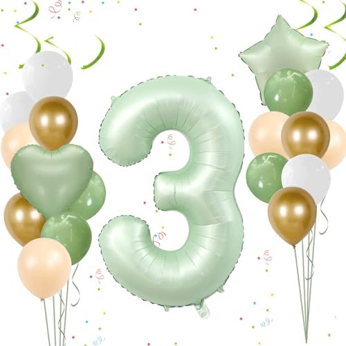 Ligtmor 101cm Salbeigrün Luftballon 3 Jahre, 40 Grün Zahlen Luftballon 3, Folienballon 3 Geburtstag Mädchen, Olive Grün Helium 3 Ballon zum Mann Frau Geburtstagsdeko Jubiläum Party Deko