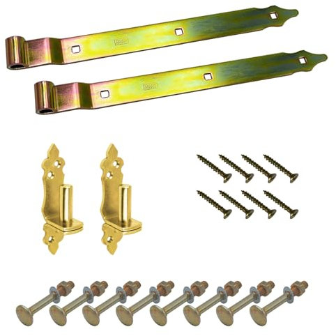 BRESKO Ladenband gekröpft mit dekorativen Kloben und Schrauben Set 300-800 mm Torband Türband Scharnier Bandscharnier Tor Beschlag Gartentor (Gelb verzinkt, 400x35x4 mm)