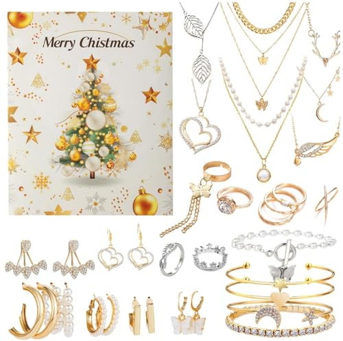 FmtwPhn 20 x 17 cm 24 Days Countdown to Holiday Calendar, Jewellery, Trendy Jewellery Set for Adults Women and Teenage Girls, Christmas Decoration