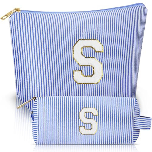 Aucuu Kosmetiktasche Damen, 2 Stück Initialen Make-up-Tasche, Cord-Reise Schminktasche, Reise Kulturbeutel, Tragbare Makeup Bag, Personalisierte Geschenke für Frauen Mädchen, Kosmetiktasche mit S