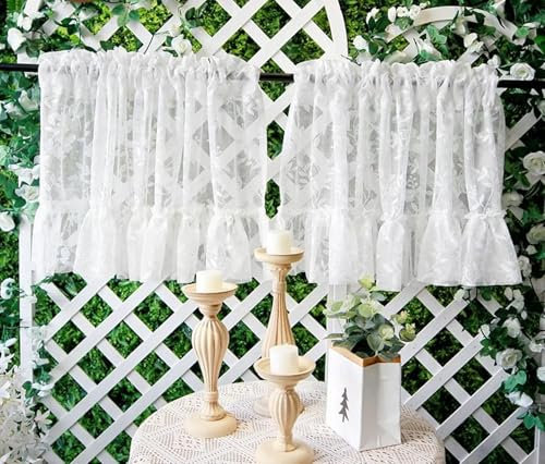 Dsnyu Scheibengardinen Landhausstil Spitze, Gardinen Kurz Weiß Blätter Vorhang Küchenfenster Bistrogardine 2er Set Polyester Halbtransparent für Schlafzimmer Wohnzimmer 2 Stück HxB 60x150cm