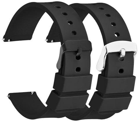 HJZHII 2 Stück Armband für Smartwatch,Smartwatch Ersatzarmbänder,Ersatzarmband Schnellverschluss Silikon Herren Uhrenarmbänder Wasserdichte mit Schwarz Silber Edelstahlschnalle(18mm)