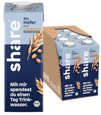 share Bio Haferdrink Natur (8 x 1 Liter) | Vegan, Laktosefrei – Pflanzendrink ohne Zuckerzusatz – Milchersatz aus europäischem Bio-Hafer – Jeder Kauf spendet