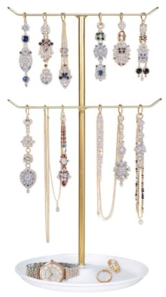 Dreischichtiges Schmuckständer, T-förmiger Kettenhalter mit Basis, Halskettenhalter mit Elegantes Gold-Finish, T-Bar Schmuckhalter zum Leicht Zugänglich, für Halsketten Armbänder Ohrringe Ringe Uhren