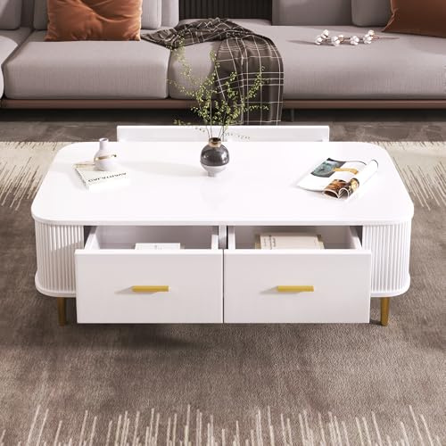 Ligterra Couchtisch mit Schubladen, geschwungenen Ecken, Wohnzimmertisch mit gewellten Seiten, goldenen Griffen und Beinen, Beistelltisch