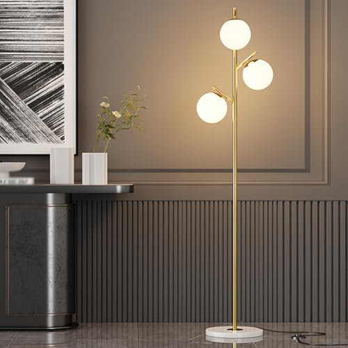 KlkrzJwy Lampadaire Globe En Verre À 3 Lumières Mid Century 165 Cm, Lampadaire Doré En Marbre Avec E27 À Intensité Variable, Grand Luminaire En Verre Dépoli Pour Salon, Chambre À Coucher, Bureau