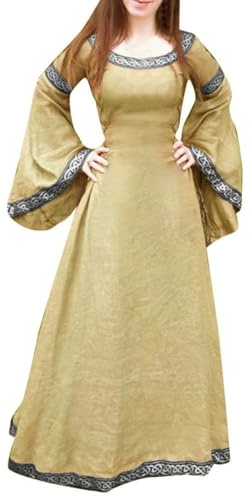 MODSGUE Robe viking pour femme - Robe médiévale avec manches trompettes - Longue - Style vintage - Costume d'Halloween - Couleur unie - Robe médiévale viking Renaissance victorienne - Cosplay