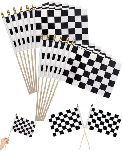 HUVZOR 15 pcs bandiere da corsa a scacchi bianche e nere con bastone di plastica per auto da corsa, eventi sportivi, partite di calcio, feste a tema, bomboniere, decorazione