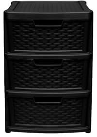 Large Rattan 3 Drawer Storage Unit - Plastic Tower Drawers for Bedroom, Bathroom, Office & Home Organisation (Black)