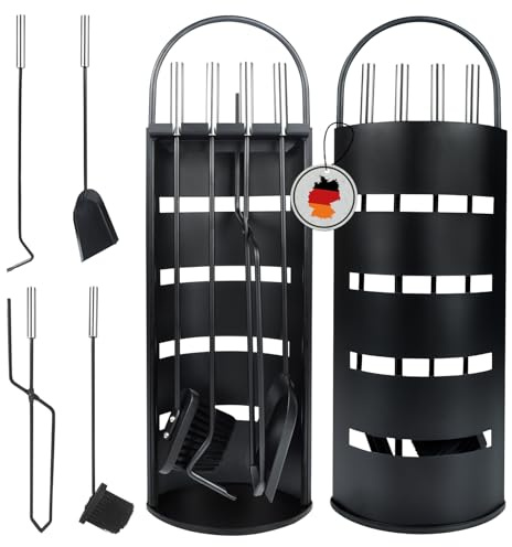 Kidsgigglz Kaminbesteck Set 4-teiliges, Kaminzubehör Schwarz Modern, Kamingarnitur Hochwertig, Kaminwerkzeug Edelstahl: Besen, Schaufel, Eisenhaken, Feuerzange, Ständer mit Sichtschutz für Küche Kamin