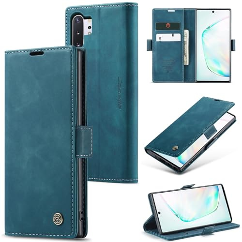 Sojlecyu Handyhülle für Samsung Galaxy Note 10 Plus hülle Premium PU Leder Cover Klapphülle Tasche Flip Case Magnet Kartenfach Ständer Schutzhülle für Samsung Galaxy Note 10 Plus, Blaugrün
