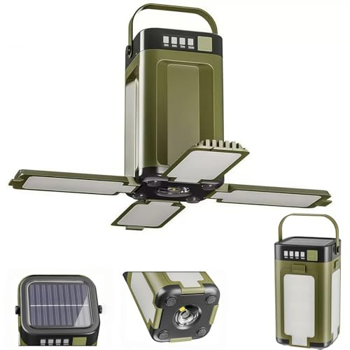 Lanterne Camping Rechargeable, Lampe Portable de Survie et Camping à Charge Solaire - Lumière 360° avec 4 Lames Pliables Rechargeable par USB et Lumière Naturelle 6 Modes de Lumière LED